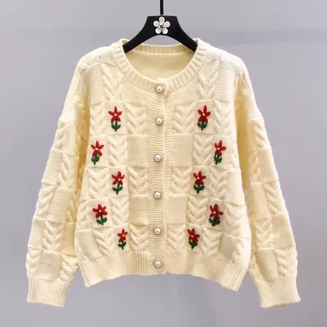 小香风复古刺绣毛衣女秋冬2023新款日系甜美宽松减龄长袖针织开衫商品大图