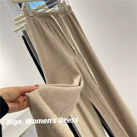 仿羊绒细坑条休闲阔腿裤女春23新款百搭慵懒高腰显瘦垂感直筒长裤商品大图