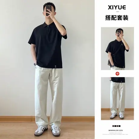 通勤时尚套装男士穿搭夏季新款加大码polo衫短袖t恤男宽松休闲裤图片