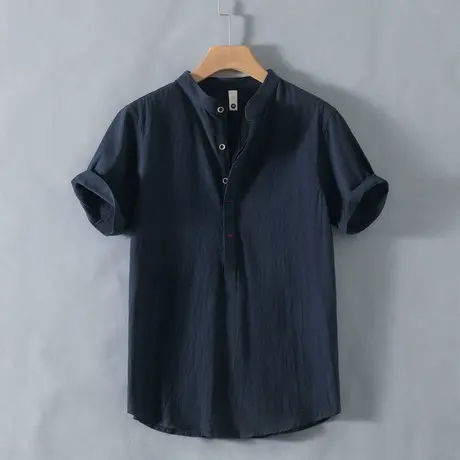 纯色亚麻立领短袖衬衫男士工装夏季新款简约棉麻时尚青年休闲衬衣商品大图