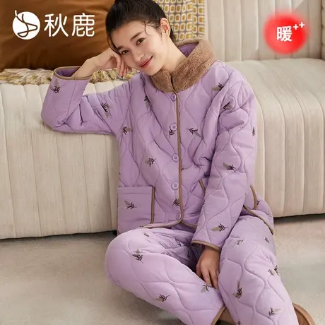 秋鹿三层加绒加厚夹棉睡衣女2024秋冬款纯棉印花高级感家居服套装图片