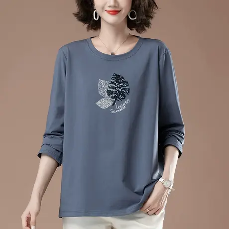 中年妈妈长袖t恤女春秋季新款加肥加大码女装宽松显瘦全棉打底衫商品大图