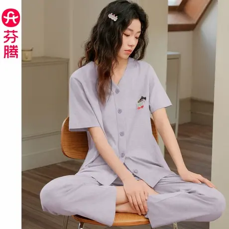 芬腾夏季睡衣女士纯棉短袖长裤套装凉感薄款休闲大码夏天家居服女商品大图