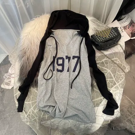 初春遮臀薄款连帽打底衫女春秋季新款V领拼色上衣透气宽松卫衣商品大图