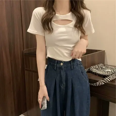 设计感chic短袖T恤女夏季方领打底衫辣妹修身短款露脐别致上衣潮商品大图