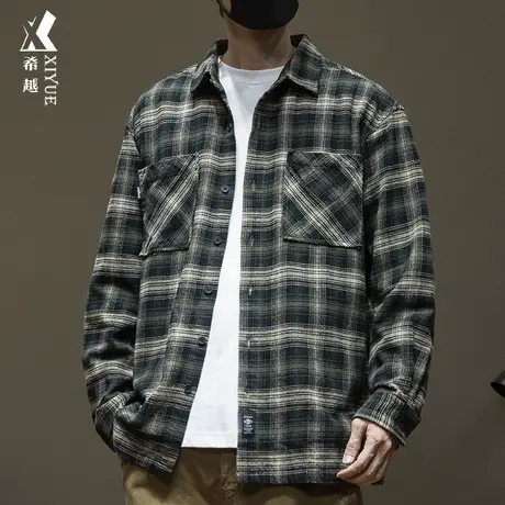 2023秋季新款复古水洗格子长袖衬衫男士宽松大码立领衬衣外套男潮图片