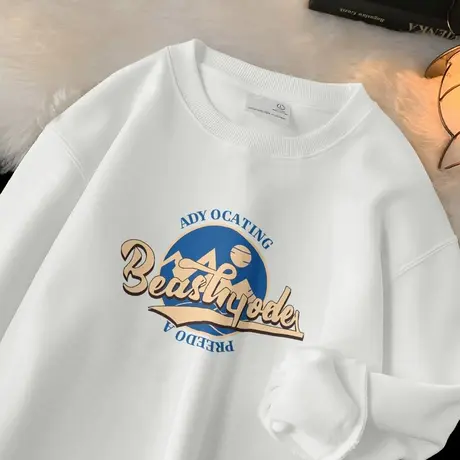 320g重磅白色卫衣男生圆领加绒加厚秋冬款无帽长袖潮流印花上衣服商品大图