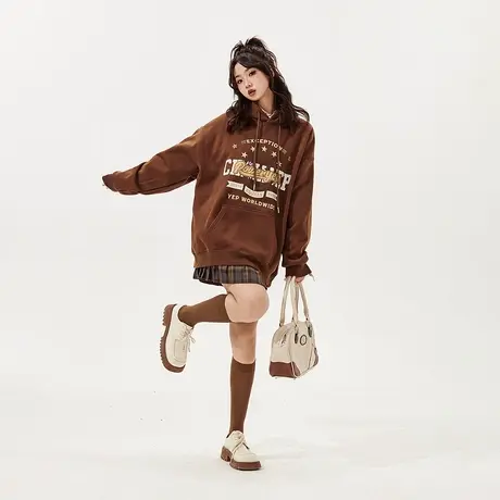 YEP加绒加厚连帽卫衣女秋冬2023年新款美式复古宽松潮牌外套上衣商品大图