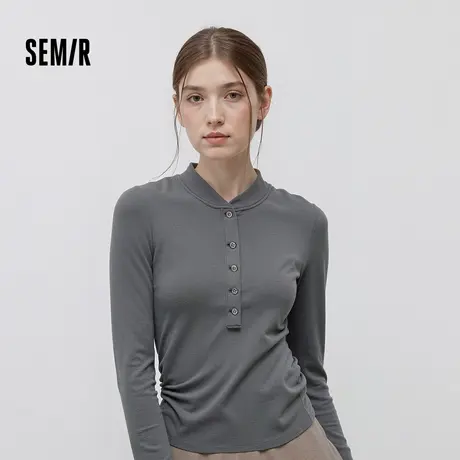 森马长袖T恤女短款发热抓绒假两件2025冬新款亨利领紧身衣服显瘦商品大图