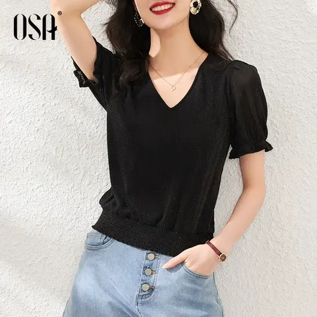 OSA黑色短袖t恤女2022年新款夏季显瘦百搭体恤针织短款v领上衣潮图片
