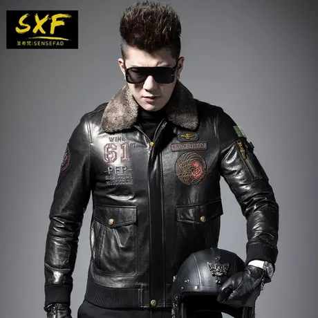SXF圣希梵男士皮衣外套 工装空军羊皮夹克加棉毛领真皮机车服男潮商品大图