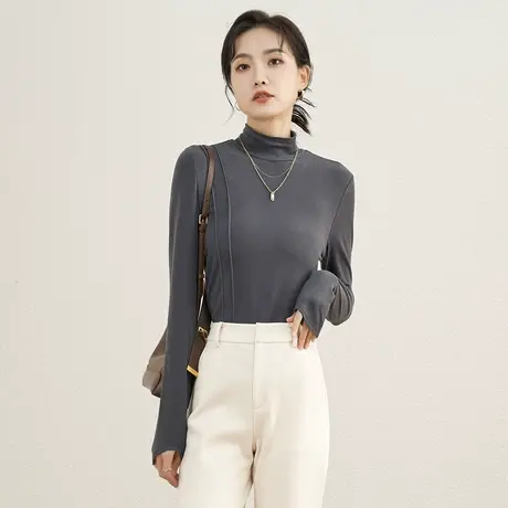 娅丽达洋气半高领醋酸长袖打底衫女25新款秋季内搭正肩显瘦羊毛衫商品大图
