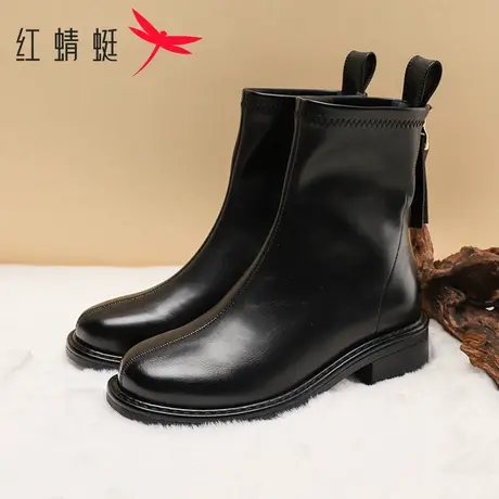 红蜻蜓女靴秋季厚底粗跟英伦风马丁靴短筒时尚瘦瘦靴舒适休闲单靴商品大图