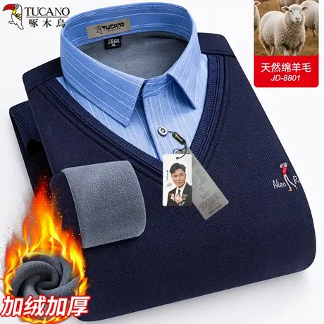 啄木鸟冬季绵羊毛长袖加绒保暖针织衫休闲免烫时尚爸爸装宽松衬衣图片