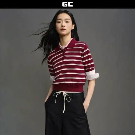 GC2025秋季新款短袖针织衫女纯棉条纹短款翻领针织polo衫12355609商品大图