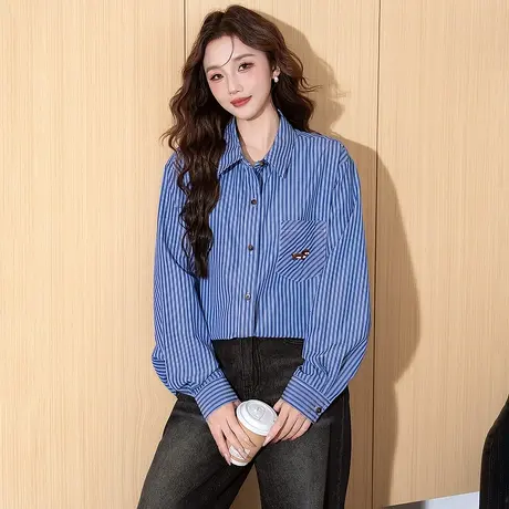 唐狮春秋季条纹衬衫女长袖蓝色百搭休闲宽松精致刺绣衬衣上新BLtu图片