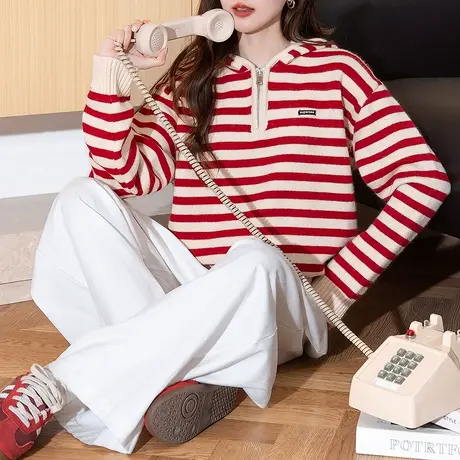 唐狮秋冬毛衣女简约风设计感撞边V领套头春秋可外穿减龄女装tuTA图片