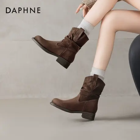 达芙妮美拉德加绒短靴女款2026冬款新款复古粗跟马丁靴褶皱堆堆靴商品大图