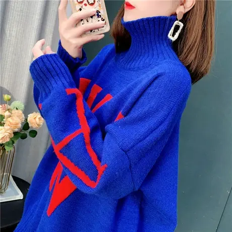 设计感克莱因蓝高领毛衣女外穿秋冬2021新款宽松慵懒风加厚针织衫商品大图