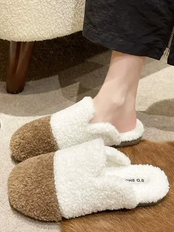 棉拖鞋女网红爆款拼色包头半拖鞋外穿2023秋冬季新款平底毛毛拖鞋图片