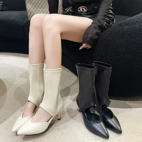 2023年新款欧美风尖头包头时装靴镂空细高跟长筒靴女气质骑士凉靴图片