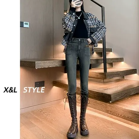 水泥灰高腰小脚牛仔裤女春秋季2023新款显瘦美式弹力紧身铅笔裤子图片