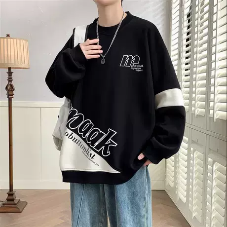 长袖T恤男士春秋款潮牌圆领休闲上衣服青少年套头内搭宽松卫衣男商品大图