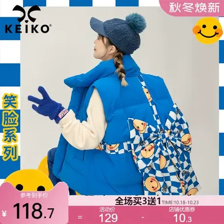 时髦格子蝴蝶结饰蓝色棉服马甲女宽松外穿2022冬季新百搭背心马夹商品大图