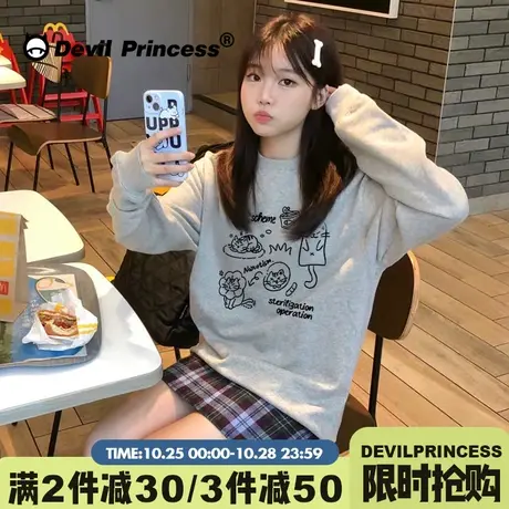 chic韩系通勤灰色卫衣女宽松涂鸦印花ulzzang设计感小众超火上衣商品大图