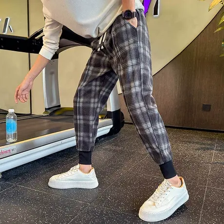 设计感毛呢格子裤男秋冬新款潮牌ins哈伦男裤宽松束脚休闲裤卫裤图片