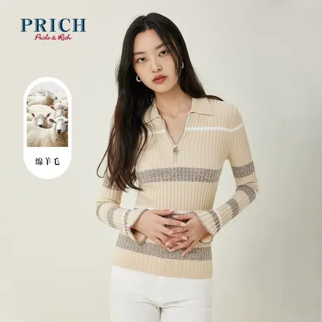 PRICH23春秋新款含绵羊毛纱线打底条纹针织衫毛衣女商品大图