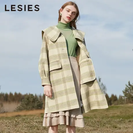 蓝色倾情冬款女装 复古格子娃娃领双面呢大衣女长款羊毛外套图片