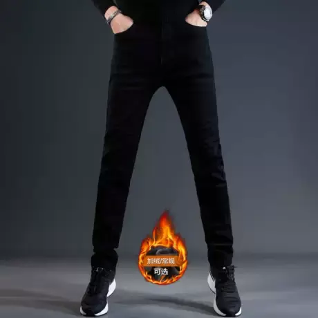 纯黑色加绒加厚牛仔裤男2023秋冬新款弹力修身小脚轻奢休闲裤子男商品大图