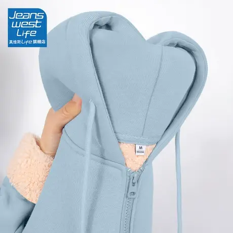 真维斯LIFE蓝色羊羔绒卫衣外套女秋冬款2023新款爆款加绒加厚开衫商品大图