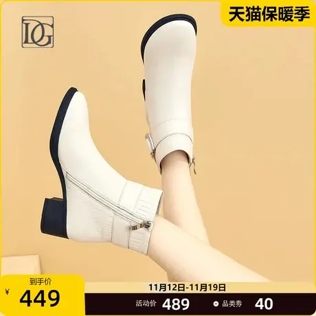 商场同款真皮短靴女粗跟2023秋冬季新款圆头中跟百搭女靴子商品大图