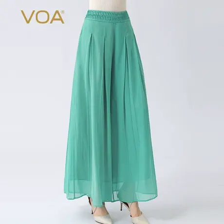 VOA真丝乔其纱水蓝色自然腰斜插口袋褶皱双层长款桑蚕丝阔腿裤图片