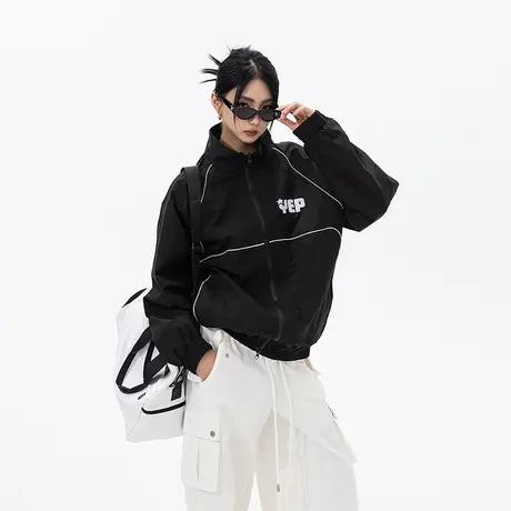 黑色立领女春秋2023新款美式复古运动外套宽松oversize夹克商品大图
