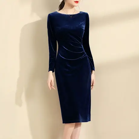 水墨青华2024春季新款时尚显瘦打底裙优雅百搭中长款丝绒连衣裙商品大图