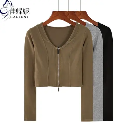 秋季新款韩版圆领纯白修身短款双拉链长袖体恤上衣内搭打底衫女装商品大图