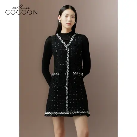 COCOON商场同款2023秋冬新款法式小立领黑色绵羊毛针织打底衫图片