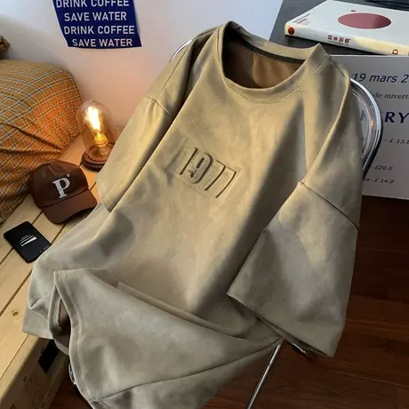 复古美式钢印短袖t恤男夏季重磅宽松oversize半袖体恤圆领上衣服图片