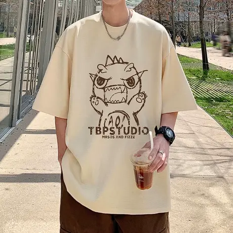 小恐龙印花华夫格短袖t恤男夏季2025新款重磅潮流情侣半袖体恤衫t商品大图