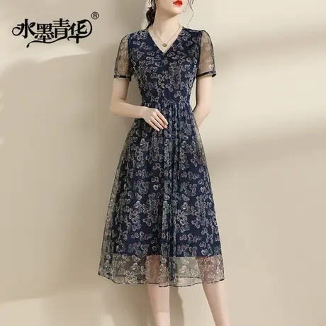 水墨青华时尚中长款连衣裙夏季新款连身裙收腰显瘦印花裙子商品大图