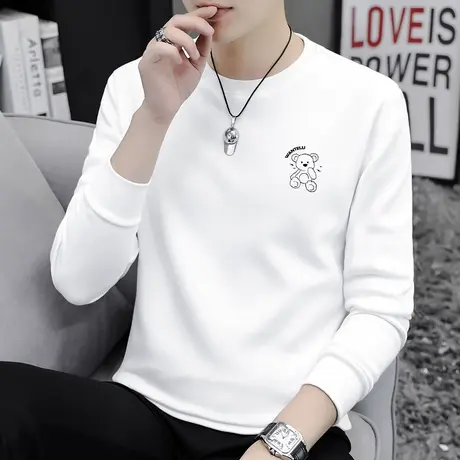 纯棉长袖t恤男圆领潮流小熊印花加绒加厚全棉秋冬内搭打底衫秋衣图片