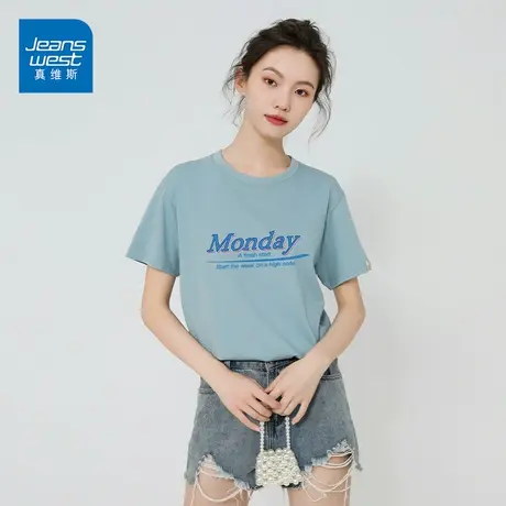 真维斯纯棉短袖女2023新款韩版宽松时尚字母印花T恤学生上衣商品大图