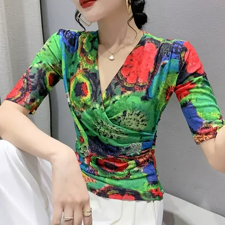 五分袖印花T恤女设计感小众别致V领漂亮上衣性感网纱修身打底小衫商品大图