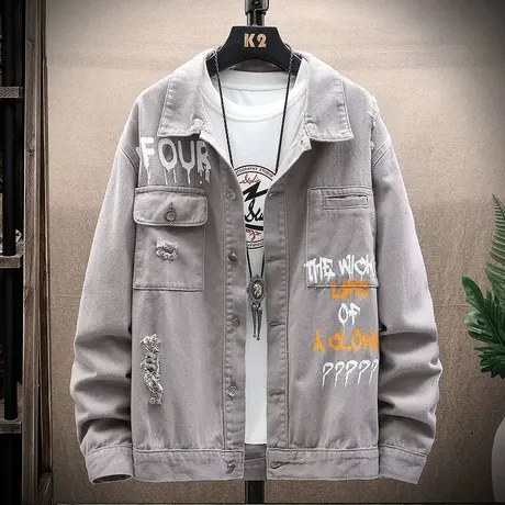 2023新款春秋男士牛仔外套夹克工装宽松潮流休闲涂鸦翻领上衣学生商品大图