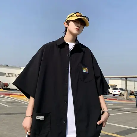 港风休闲短袖衬衫男夏季透气薄款冰丝翻领工装半袖衬衣外套上衣服商品大图