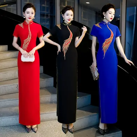 旗袍长款2023年新款年轻款红色中袖改良礼服气质高端走秀演出服女图片