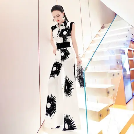 VJE欧美气质印花撞色连体裤夏新款时尚无袖衬衫领连身阔腿裤图片